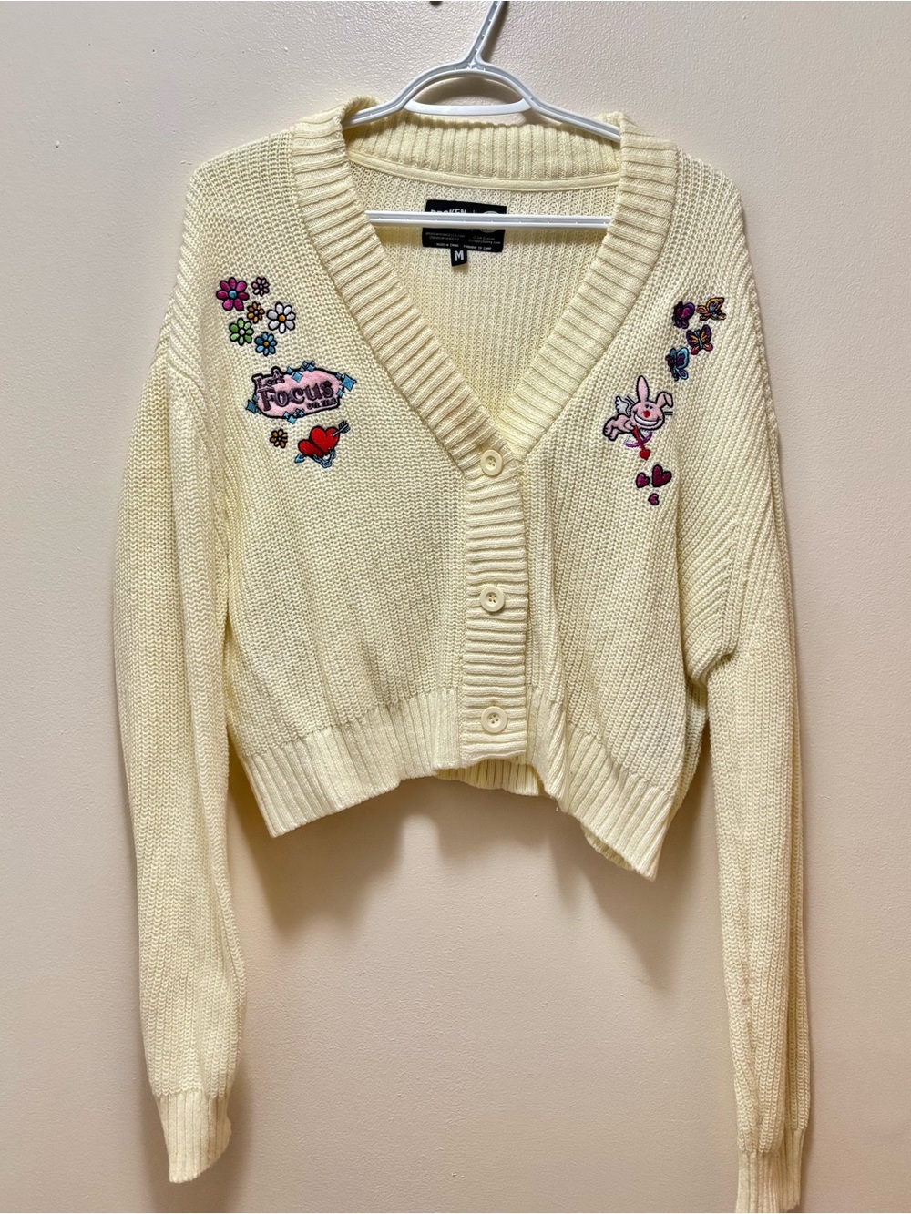 Broken Promises Happy Bunny y2k crop cardigan Zumiez nostalgic embroidered 2000s